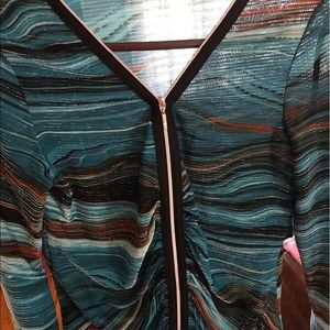 Teal, silver, multicolored zip up blouse