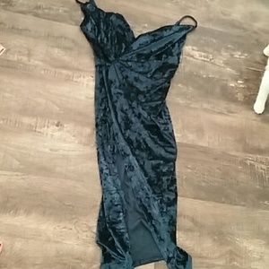 Blue dress with a slit down the side- ish