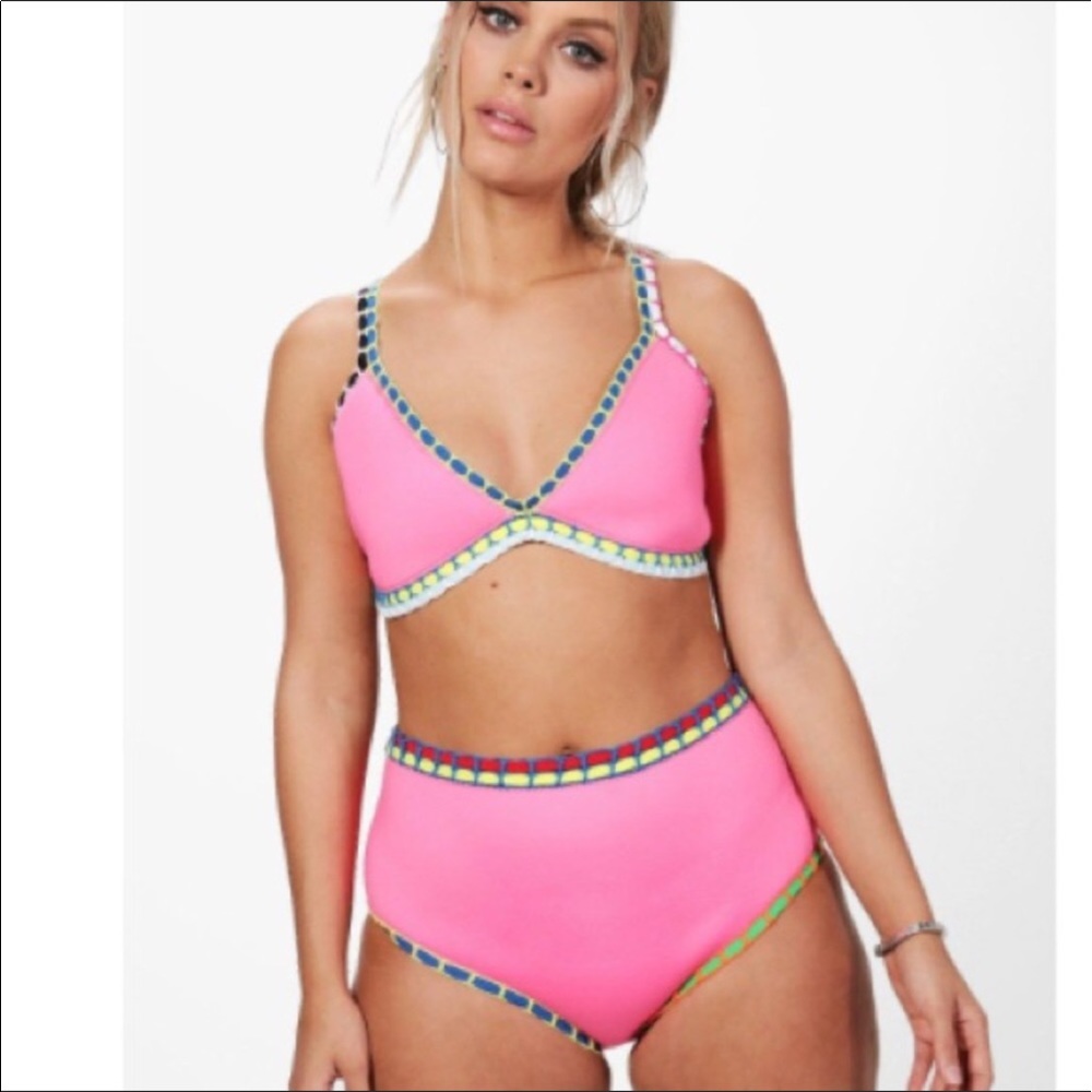 W16 Boohoo baby doll pink bikini multicolored trim