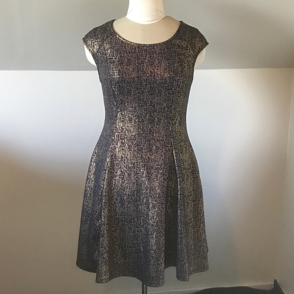 Navy and Metallic Gold Knit Dress M