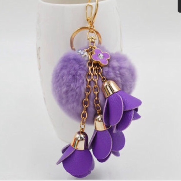 Purple fur pompom purse charm with roses - Picture 2 of 3