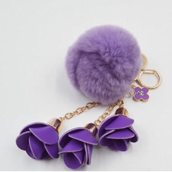 Purple fur pompom purse charm with roses - Picture 3 of 3