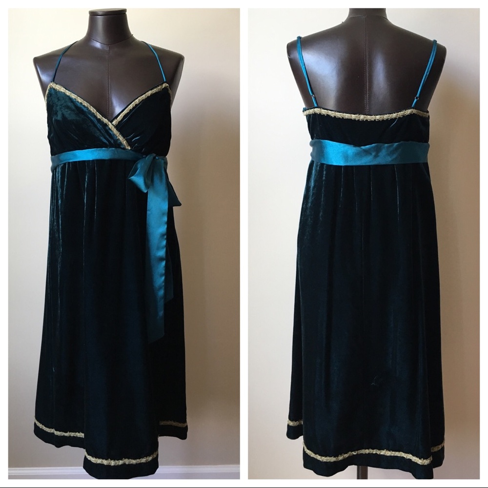 Vintage ABS Teal Velvet Dress with Satin Sash