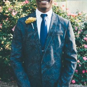 ASOS Skinny Suit in Tonal Navy Palm Print- Black