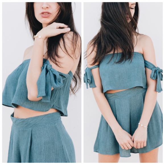 Shadow Blue 2 Piece Crop Top Set - Picture 2 of 4