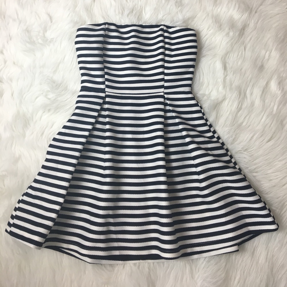 navy blue & white striped strapless dress