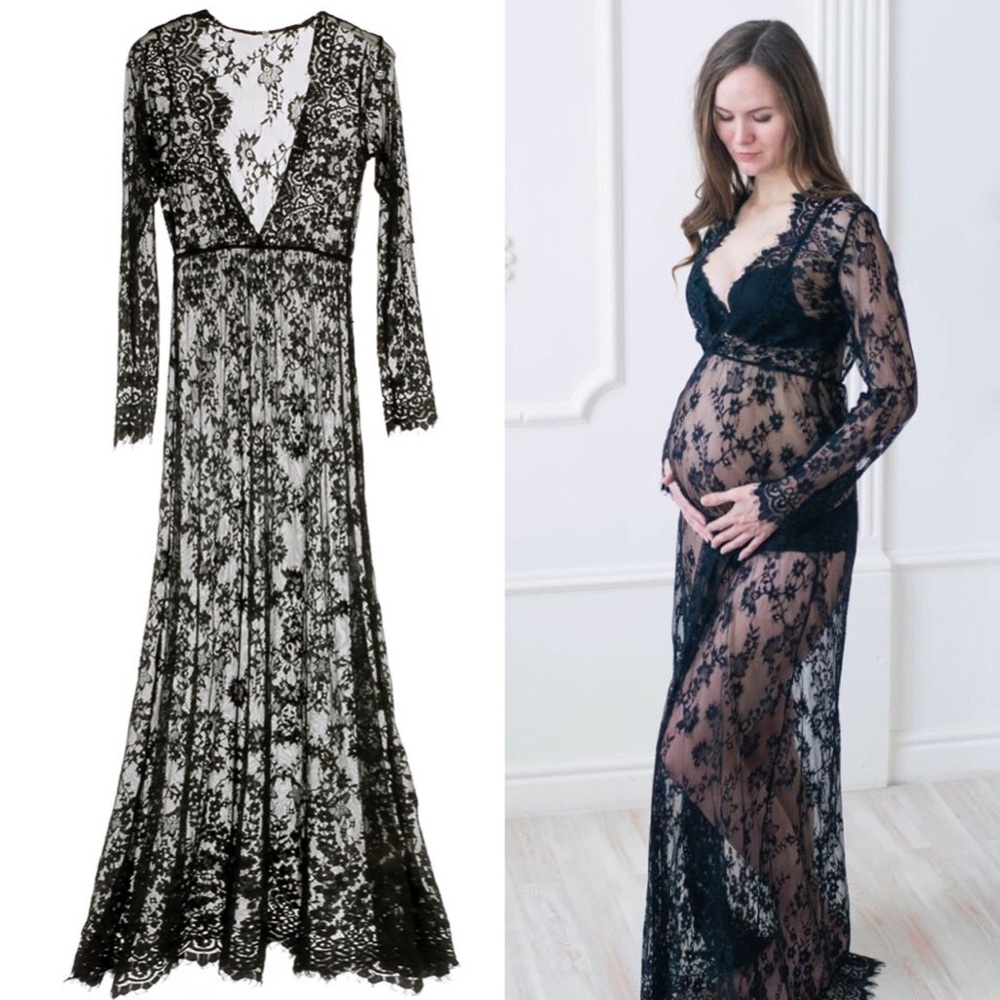 ✨ Lace Floor Length Long Sleeve Deep V Gown - Picture 2 of 4