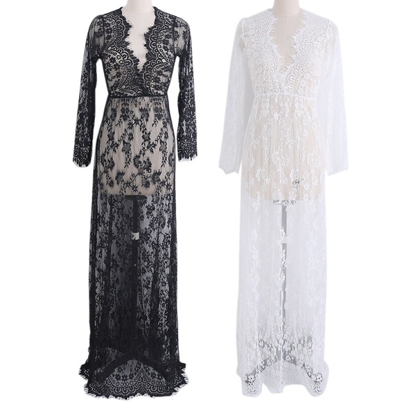 ✨ Lace Floor Length Long Sleeve Deep V Gown - Picture 3 of 4