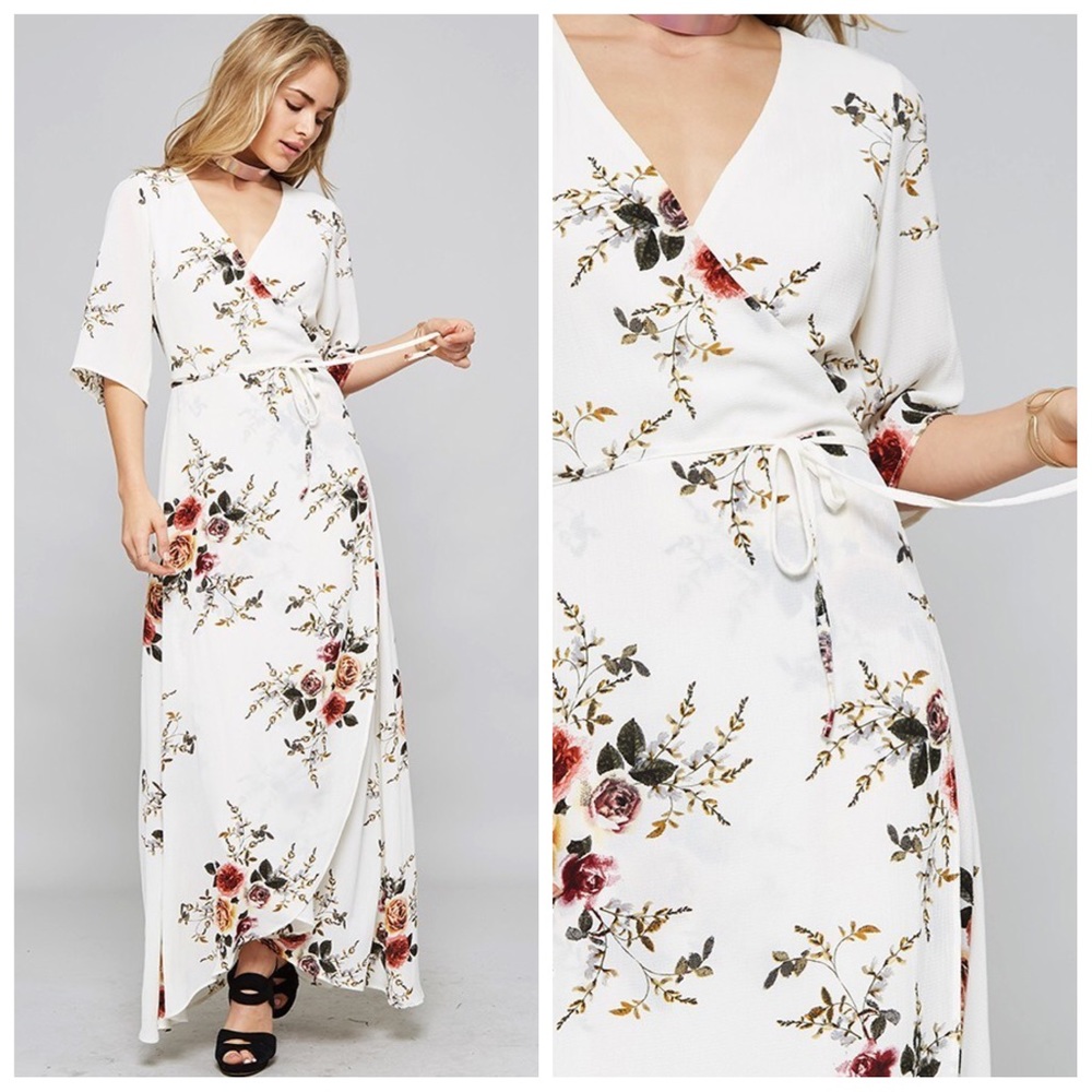 Ivory floral wrap tie sexy 3/4 sleeves maxi dress - Picture 3 of 4