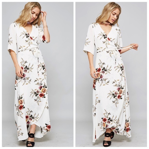 Ivory floral wrap tie sexy 3/4 sleeves maxi dress - Picture 2 of 4