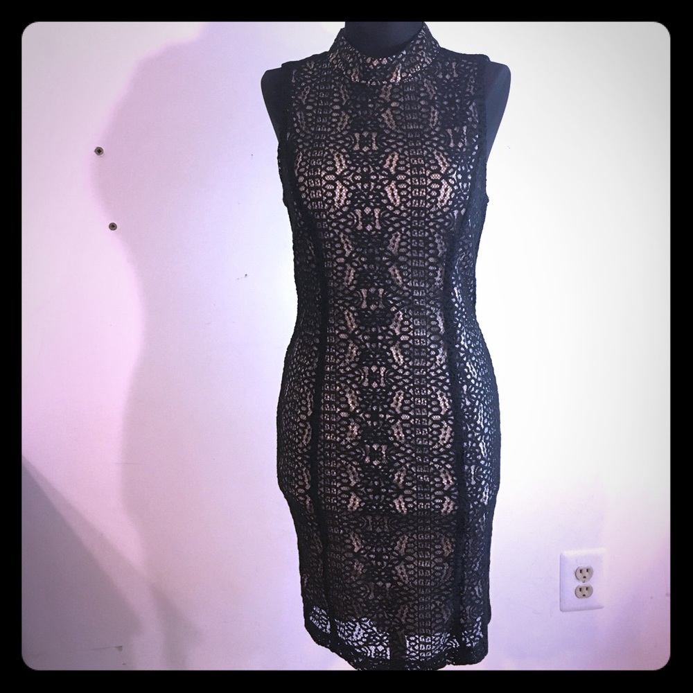 Forever 21 black lace over tan cocktail dress