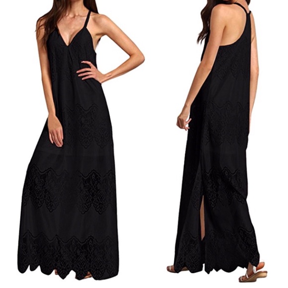 fairlygirly Dresses & Skirts - Floral Crochet Lace Racerback Maxi Dress Black