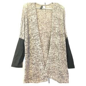 Open front cardigan with faux leather sleeves