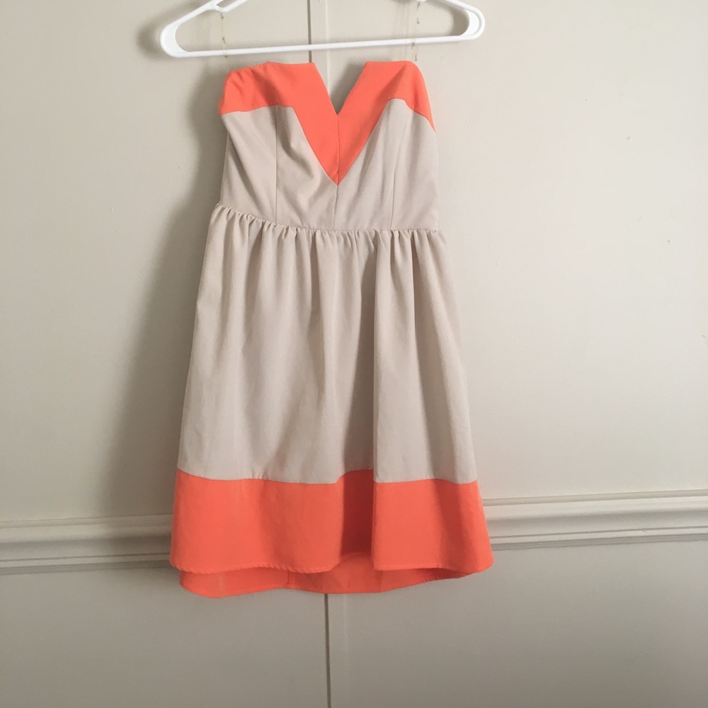 Strapless neutral and orange color block dress