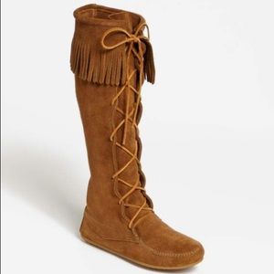 High knee fringe moccasin boots