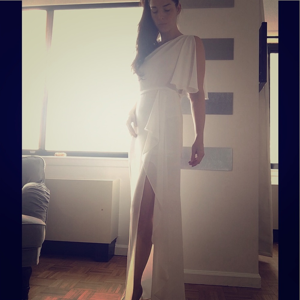 SOLD- BCBG Asymmetrical georgette white silk dress