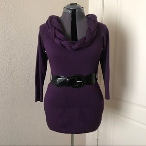Long purple sweater with braided collar and belt