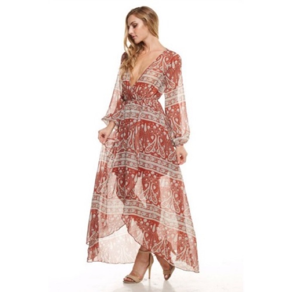 ๐CLEARANCE๐ Rust Paisley Long Sleeve Maxi Dress - Picture 3 of 5