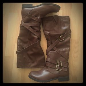 Faux leather knee highs with decorative buckles