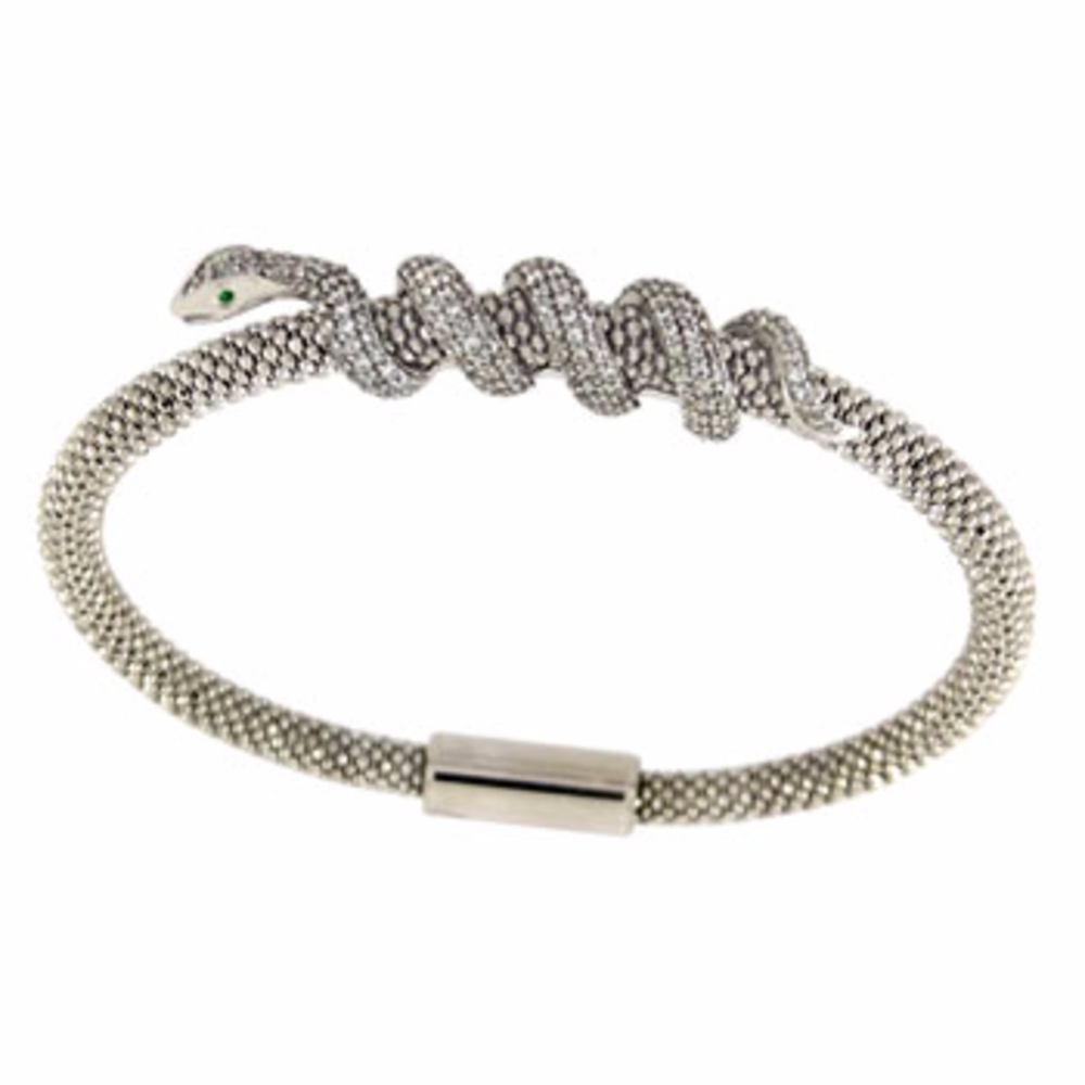Italian Sterling Silver green eye Snake bracelet