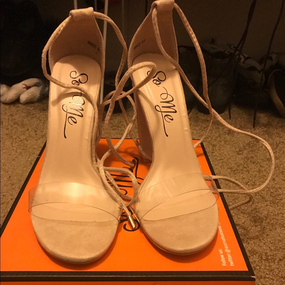 Tan strap up heels