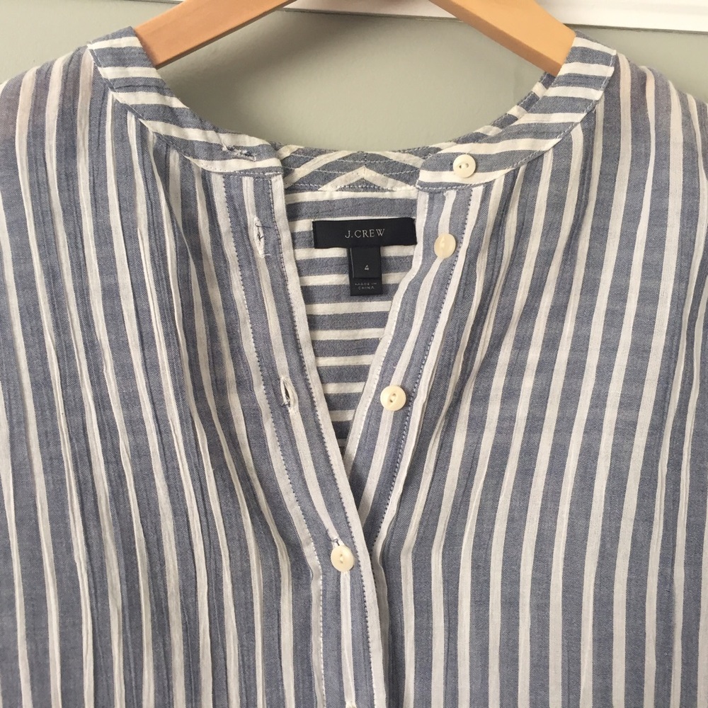 JCrew collarless popover shirt in Bengal stripe.