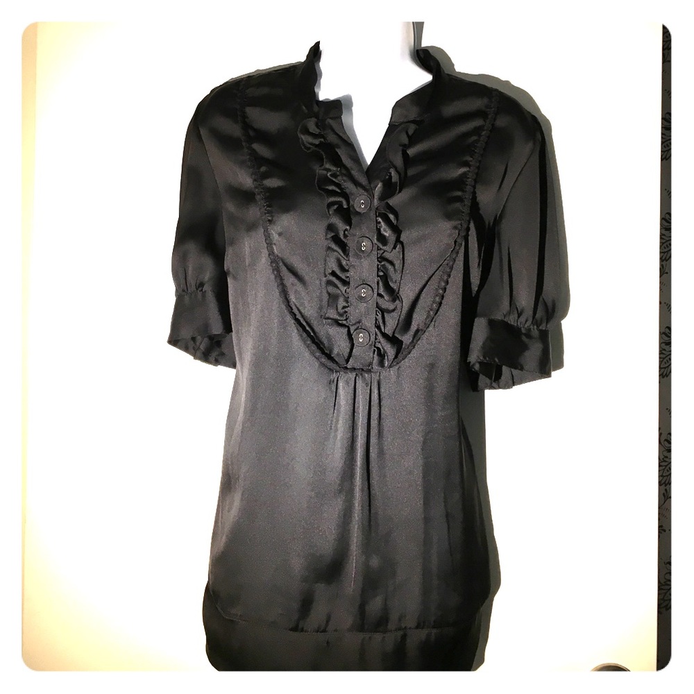 Black satin blouse with ruffled details