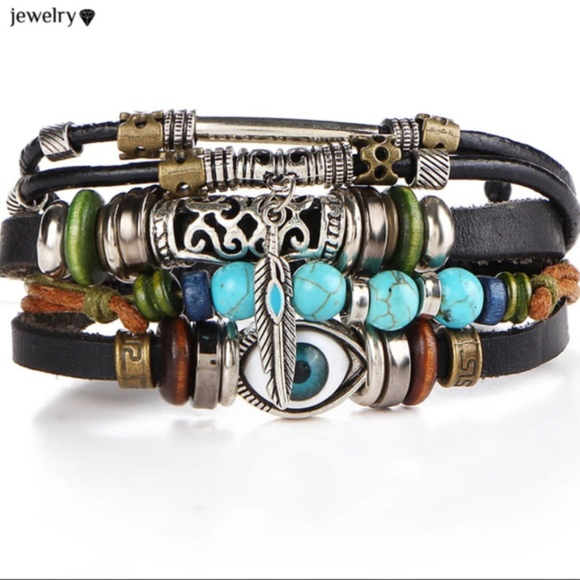 Evil Eye & Leather Vintage Beaded Boho Bracelet - Picture 2 of 7