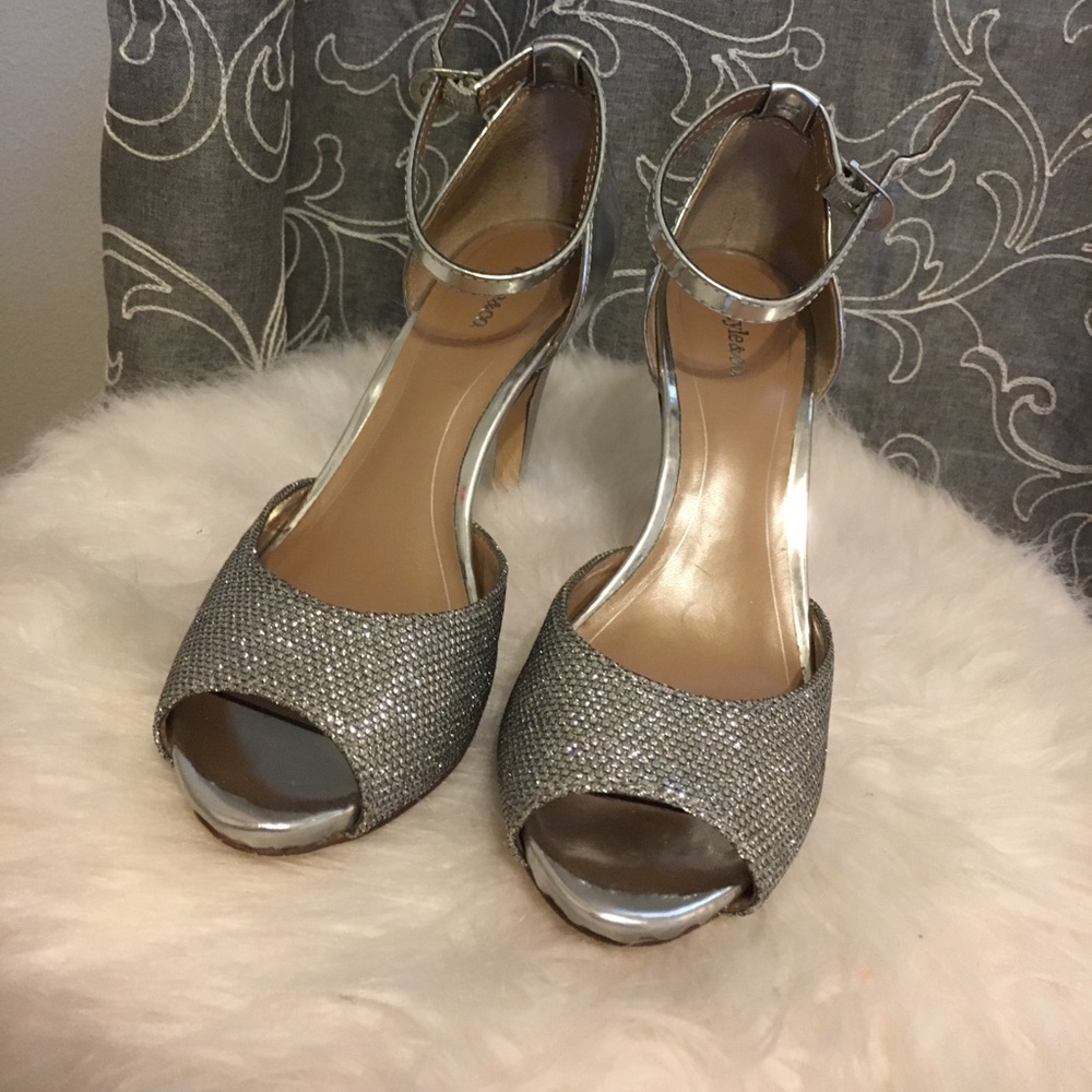 Silver open toe heels