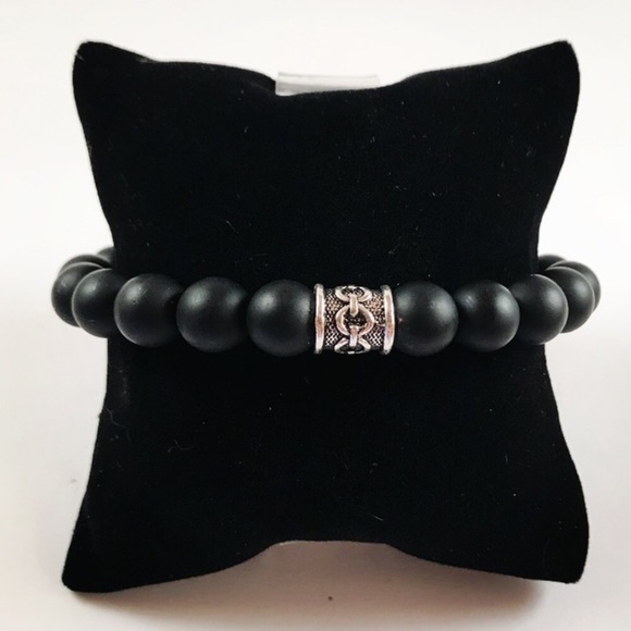 Big 10mm matte onyx viking silver bead bracelet - Picture 5 of 7