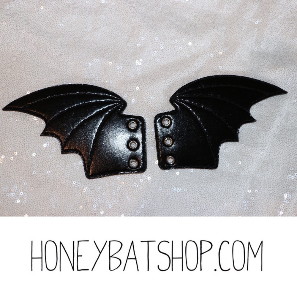 Black faux patent leather bat wings