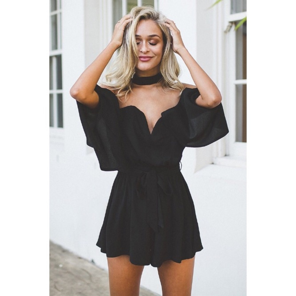 🎉CLEARANCE🎉Black Bell Sleeve Off-Shoulder Romper - Picture 2 of 7