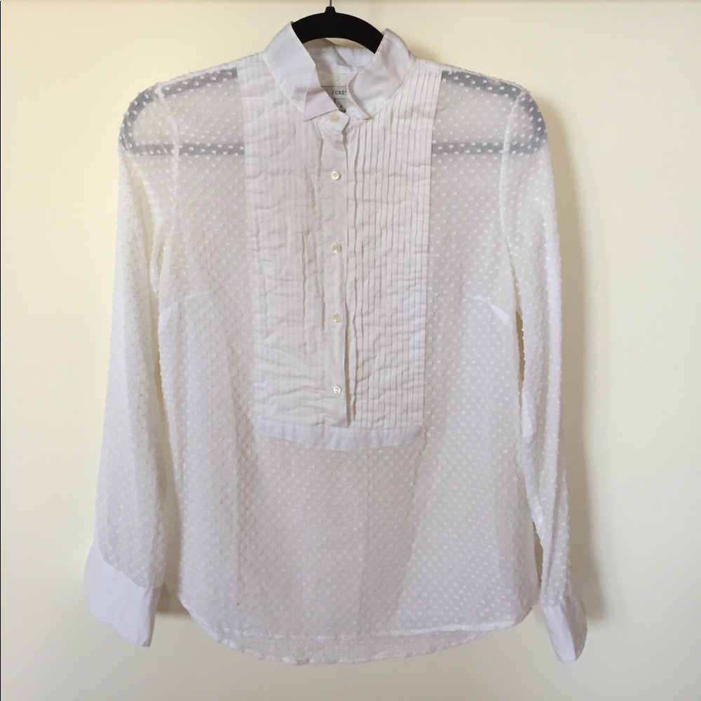 JCrew white sheer swiss dot tuxedo blouse sz 2