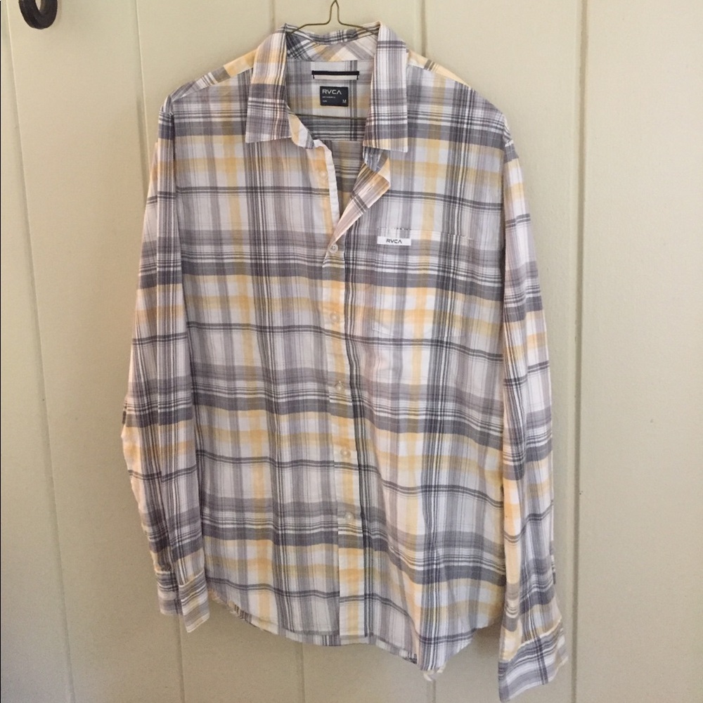 Yellow/grey Plaid lightweight mens dress shirt