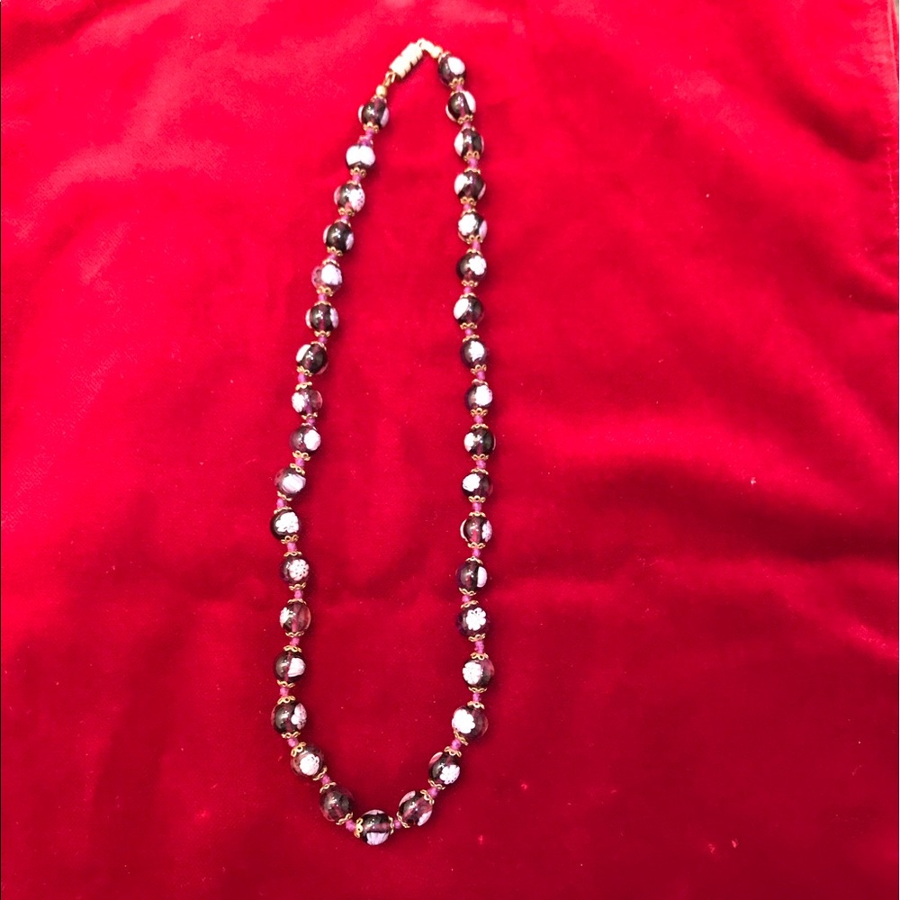 Necklace Purple with  Flowers Glass Beads 18in