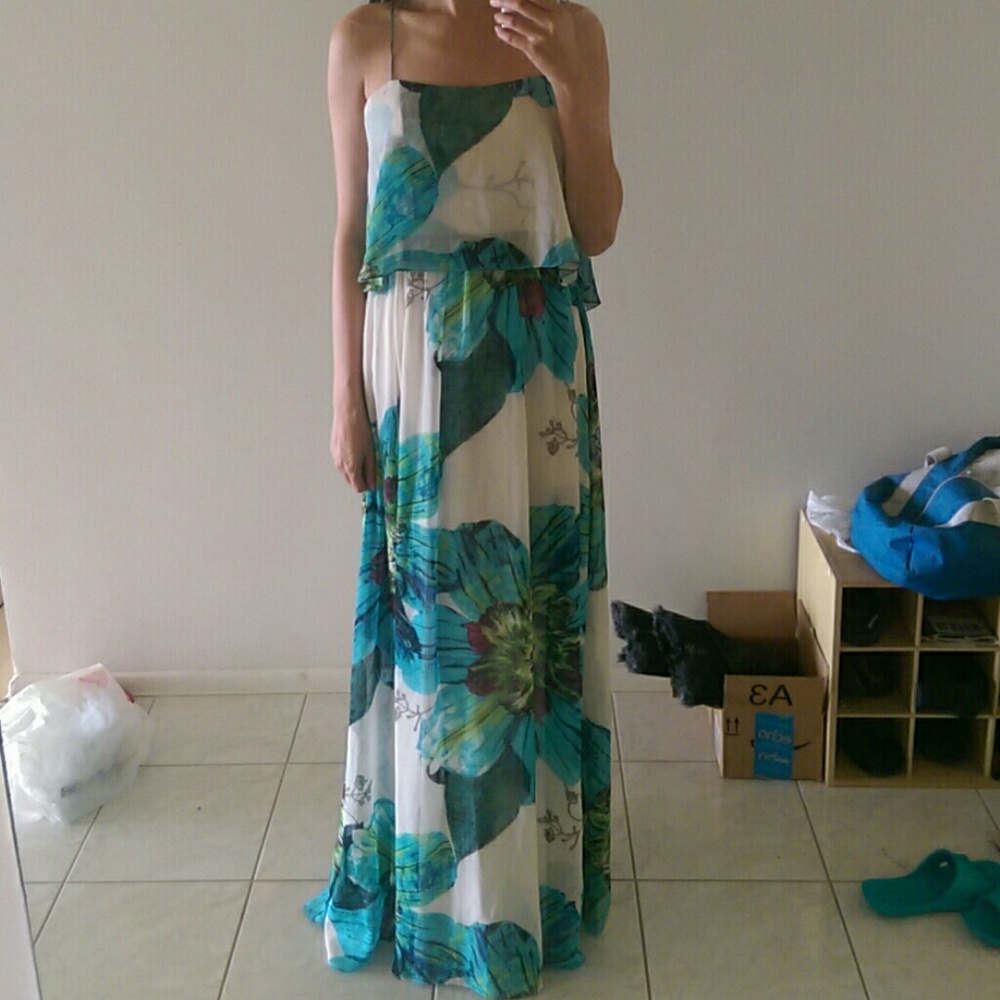 Aqua Floral Beach Spring Boho Chic Maxi Dress