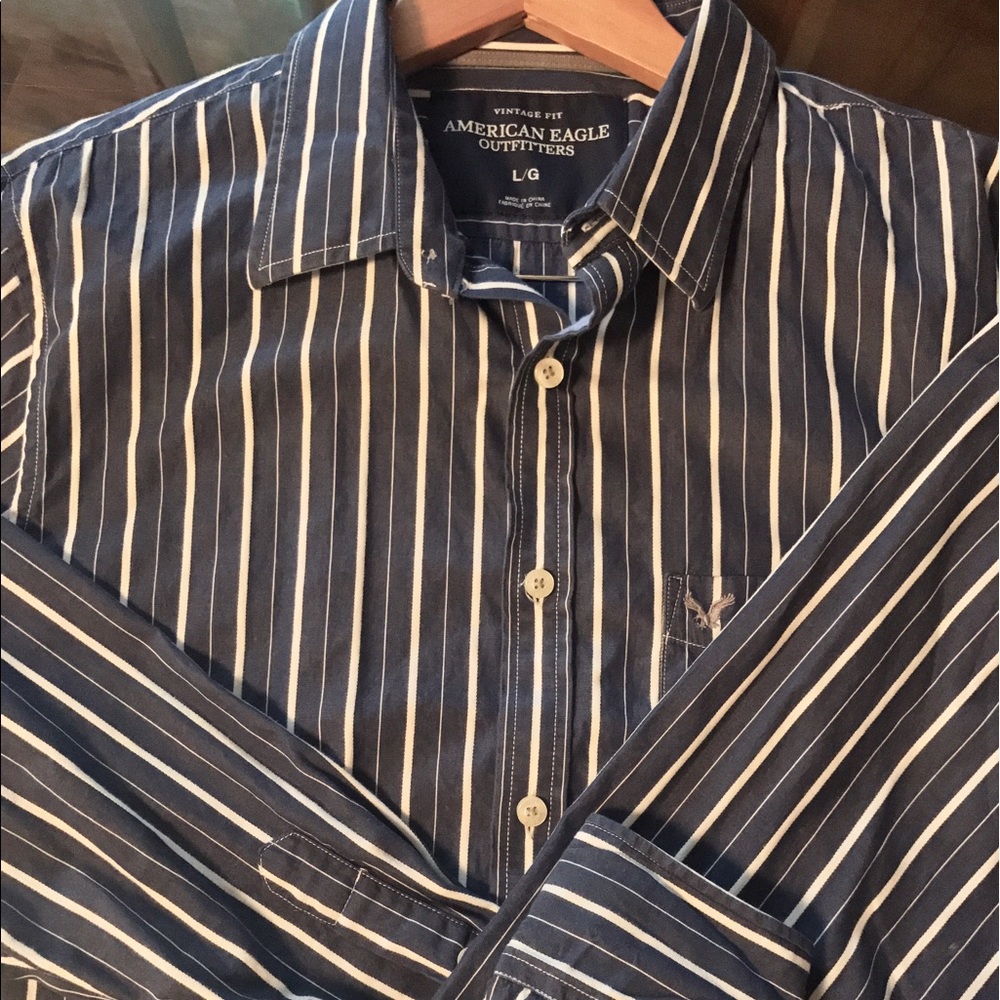 Long sleeve navy and white stripe shirt