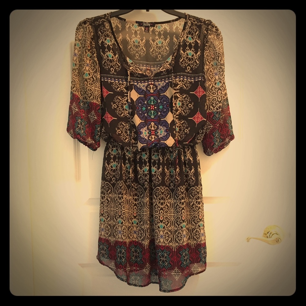 bohemian print sheer dress with black underlay