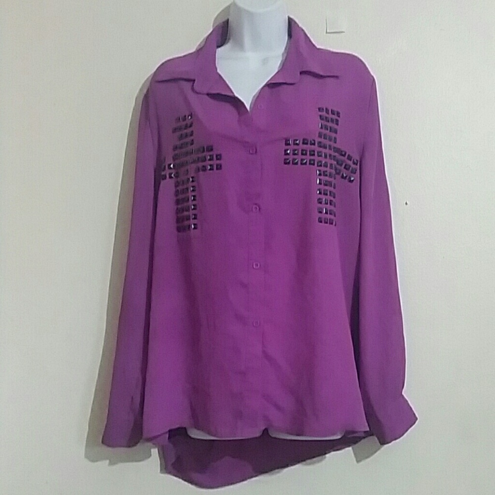 1X  purple rain grunge cross blouse