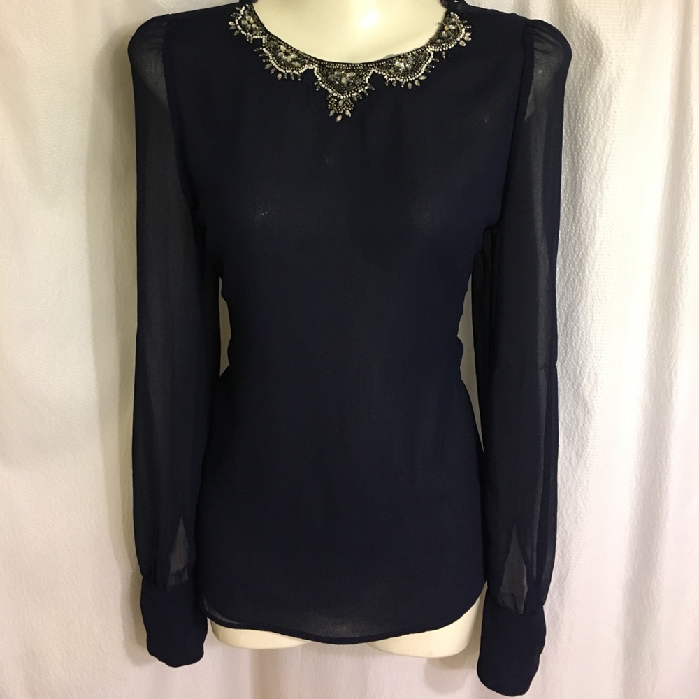Zara navy blue embellished neck blouse small