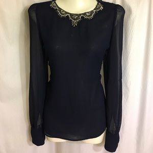 Zara navy blue embellished neck blouse small