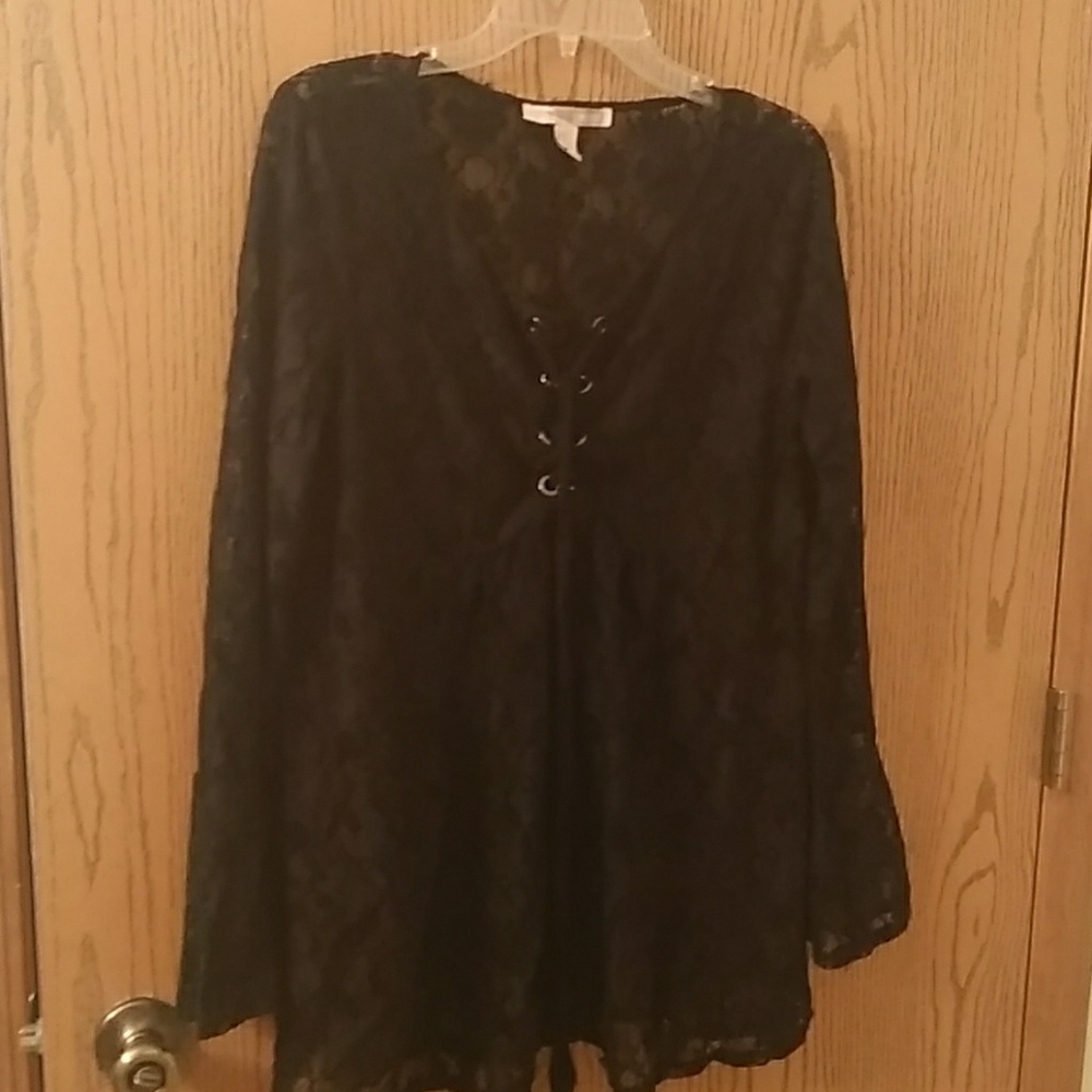 Forever 21 Lace Tunic Bell Sleeve Lace Up Goth Top