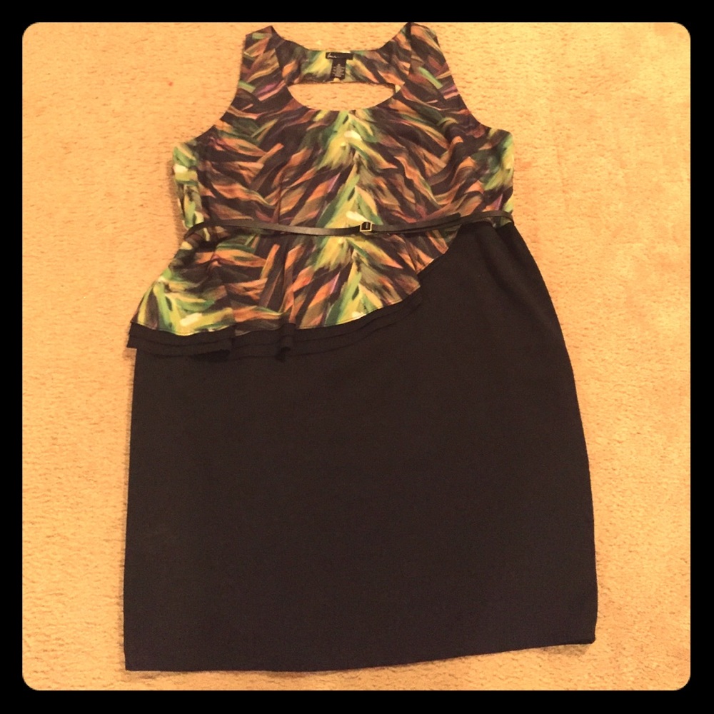 Black multi-colored peplum dress