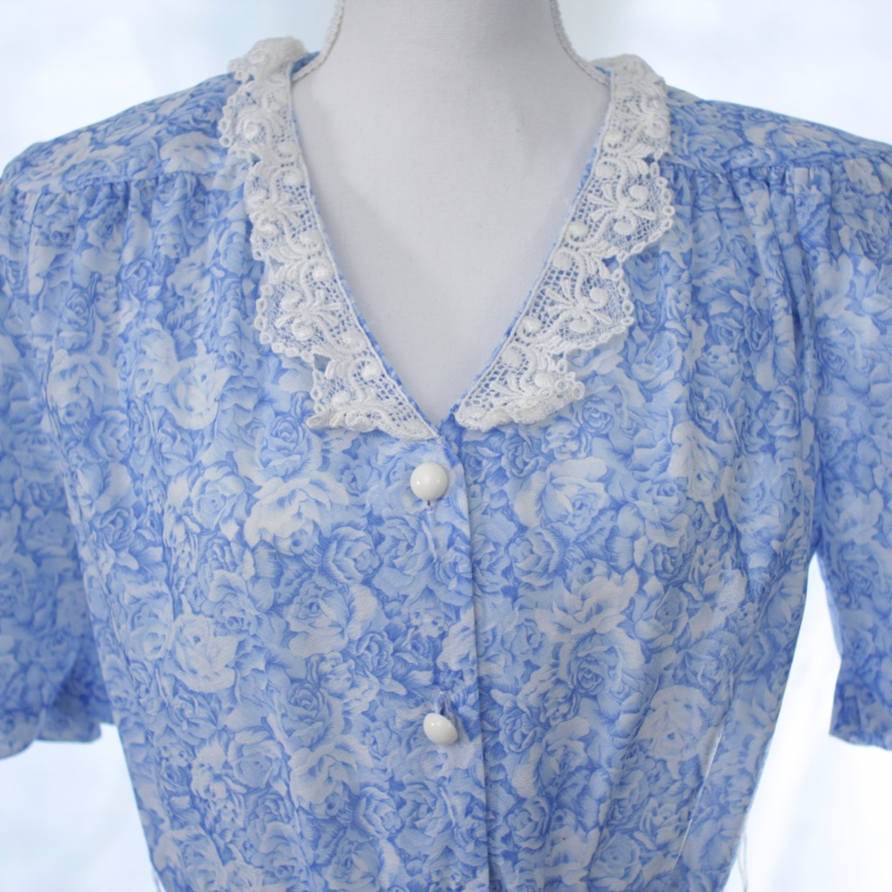 SOLD Vintage 80s Prairie Style Blue Floral Dress - Picture 8 of 8