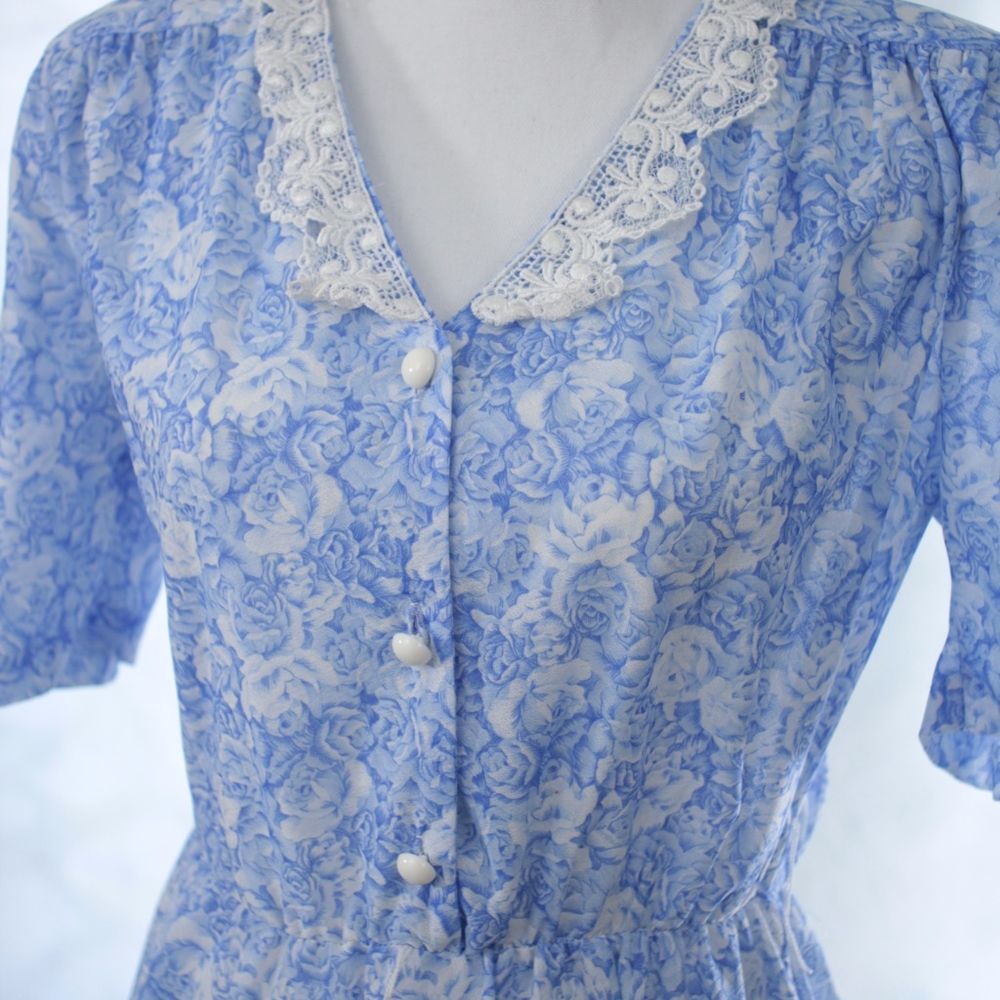SOLD Vintage 80s Prairie Style Blue Floral Dress - Picture 6 of 8
