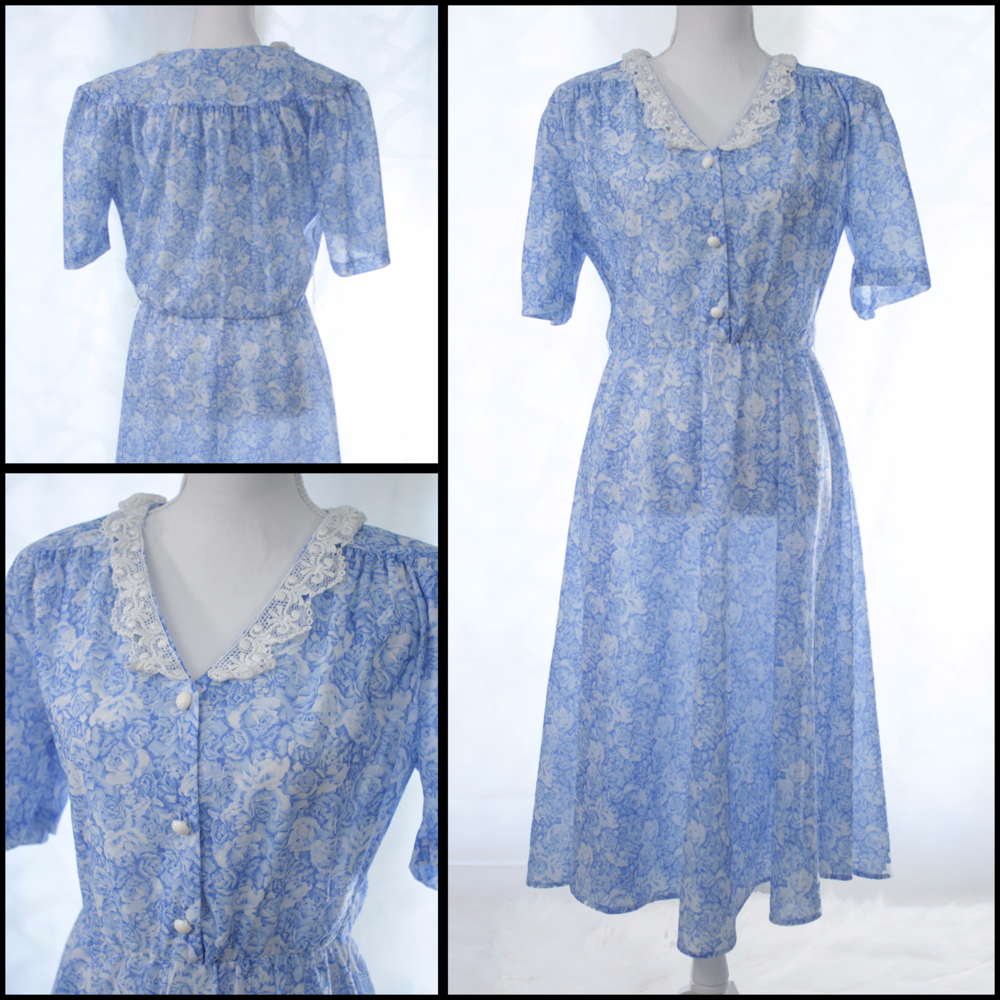 SOLD Vintage 80s Prairie Style  Blue Floral Dress