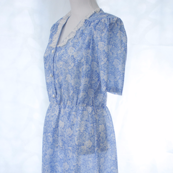 SOLD Vintage 80s Prairie Style Blue Floral Dress - Picture 3 of 8
