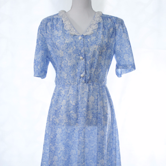 SOLD Vintage 80s Prairie Style Blue Floral Dress - Picture 5 of 8