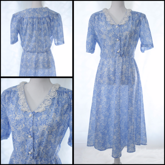 SOLD Vintage 80s Prairie Style  Blue Floral Dress - Picture 1 of 8