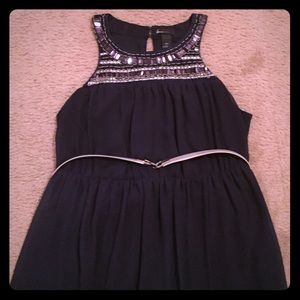 Navy blue maxi dress with silver beading on front